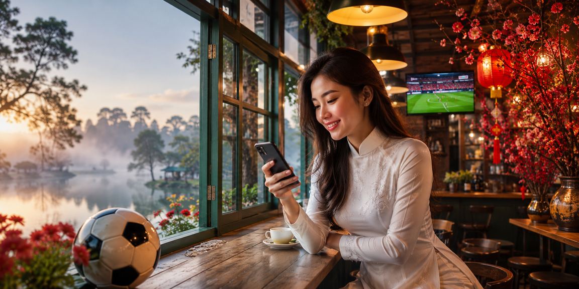 Cô gái mặc áo dài tại Đà Lạt đặt cược bóng đá trên điện thoại