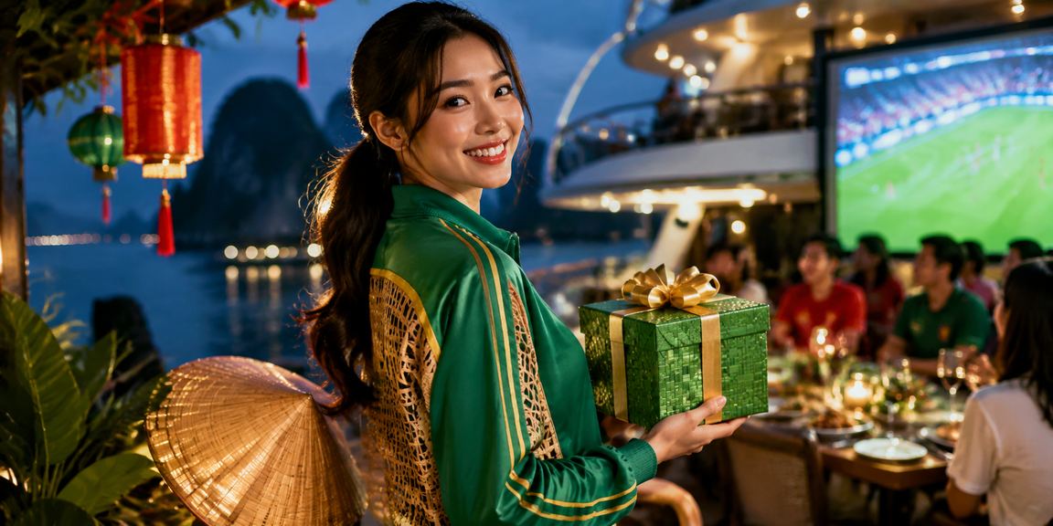 Khung cảnh Vịnh Hạ Long với người hâm mộ bóng đá đội nón lá theo dõi trận đấu