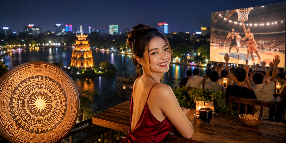 Bàn cà phê Việt Nam với điện thoại xem giải bóng rổ tại Hà Nội
